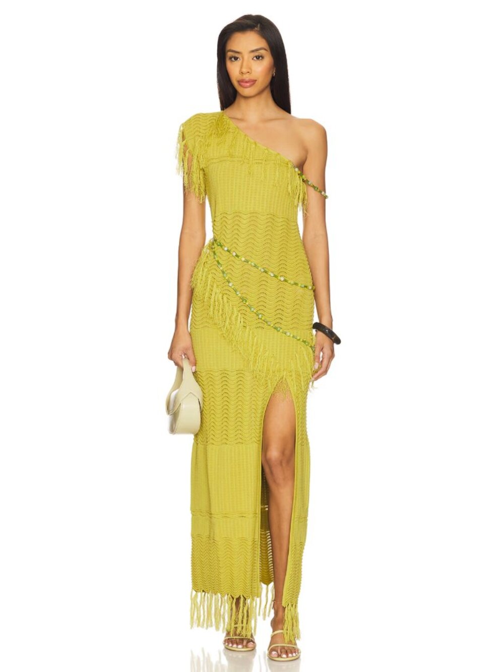 Yellow The Label Frida Beaded Maxi Dress in Chartreuse Green Yellow Fringe Knit